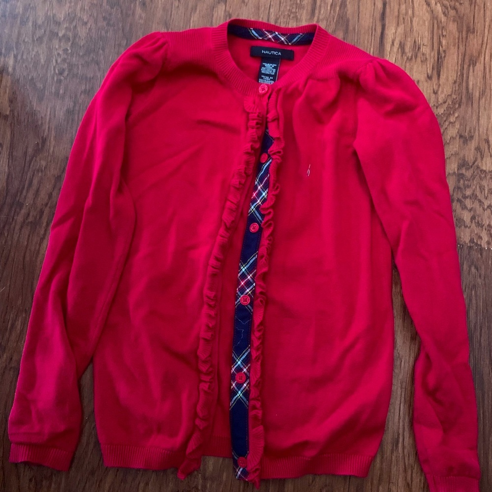 NAUTICA GIRLS’ LARGE 8-10 RED CARDIGAN BUTTON-DOWN SWEATER RUFFLED, LONG SLEEVES